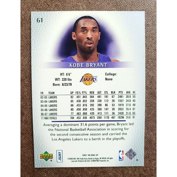 2007-2008 UD SP Authentic KOBE BRYANT NBA Basketball Card #61 Los Angeles Lakers - Picture 10 of 13